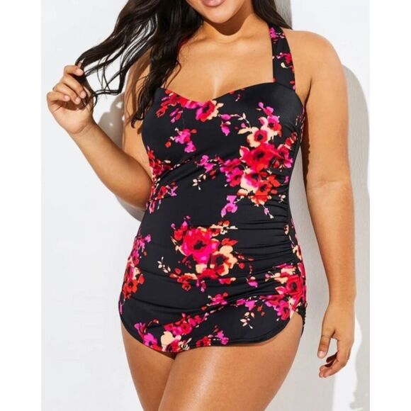 Swimsuits For All Womens One Piece Sarong 18 Black Pink Floral Vacation Tropical - Picture 1 of 11